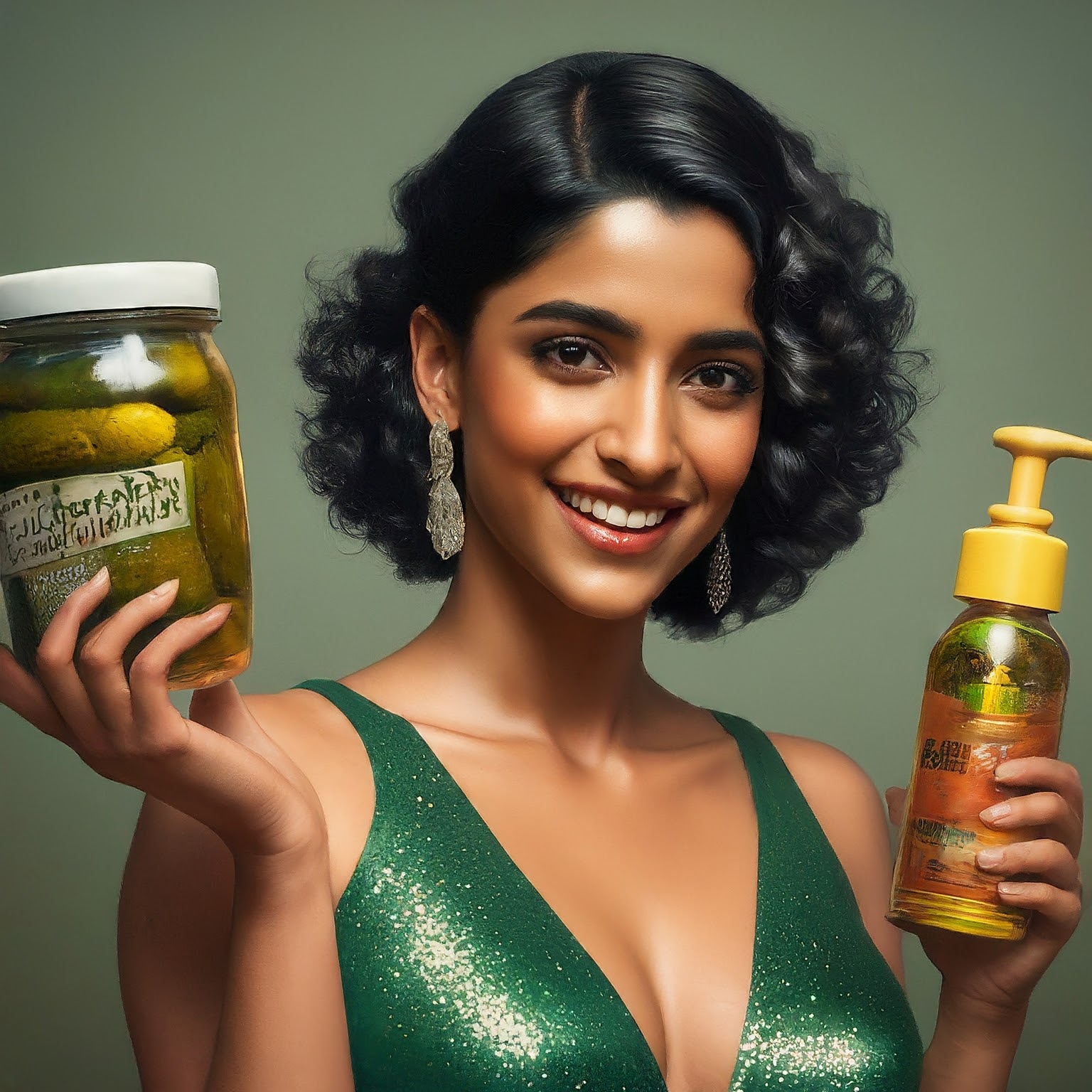 Photorealistic picture of a woman in an evening gown holding a jar of pickles and a bottle of baby oil